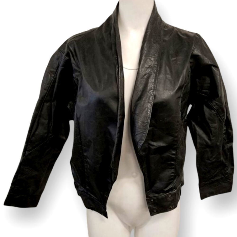 CREACIONES BARCELONA Black Leather Cropped Bomber Jacket XS